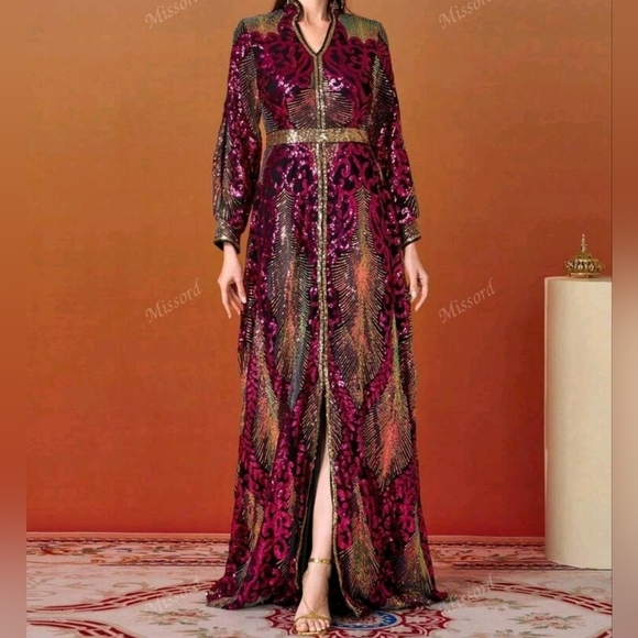 Hot Pink, Bishop Sleeves, V Neck, Contrast Sequined Mermaid Maxi Gown - Picture 4 of 11